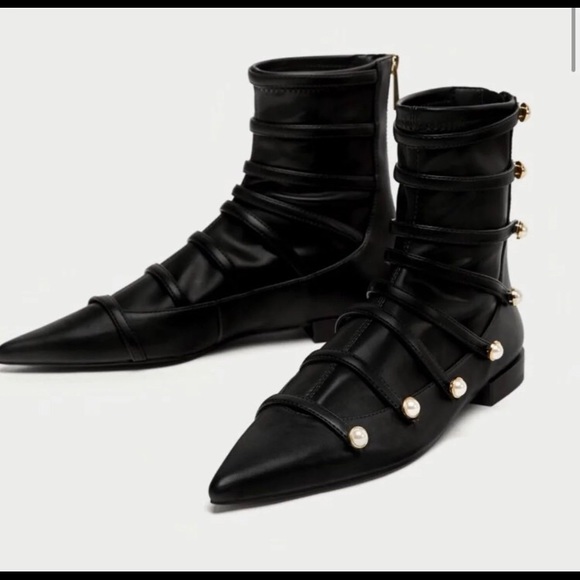 Zara Trafaluc Black Faux Pearl Ankle Boots - Picture 2 of 6